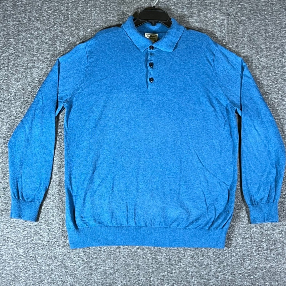 L.L.Bean Mens Long Sleeve Polo Shirt XL Blue Cotton Cashmere Blend Knit